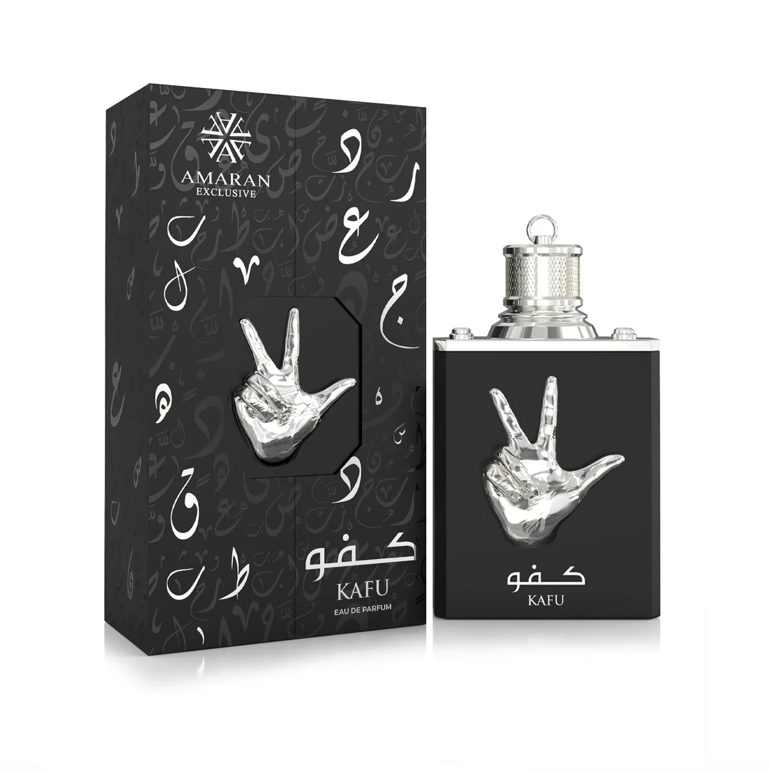 A professional product display showing the black Kafu 100ml bottle standing beside its matching calligraphy-adorned gift box, complete with a signature silver-toned hand emblem.