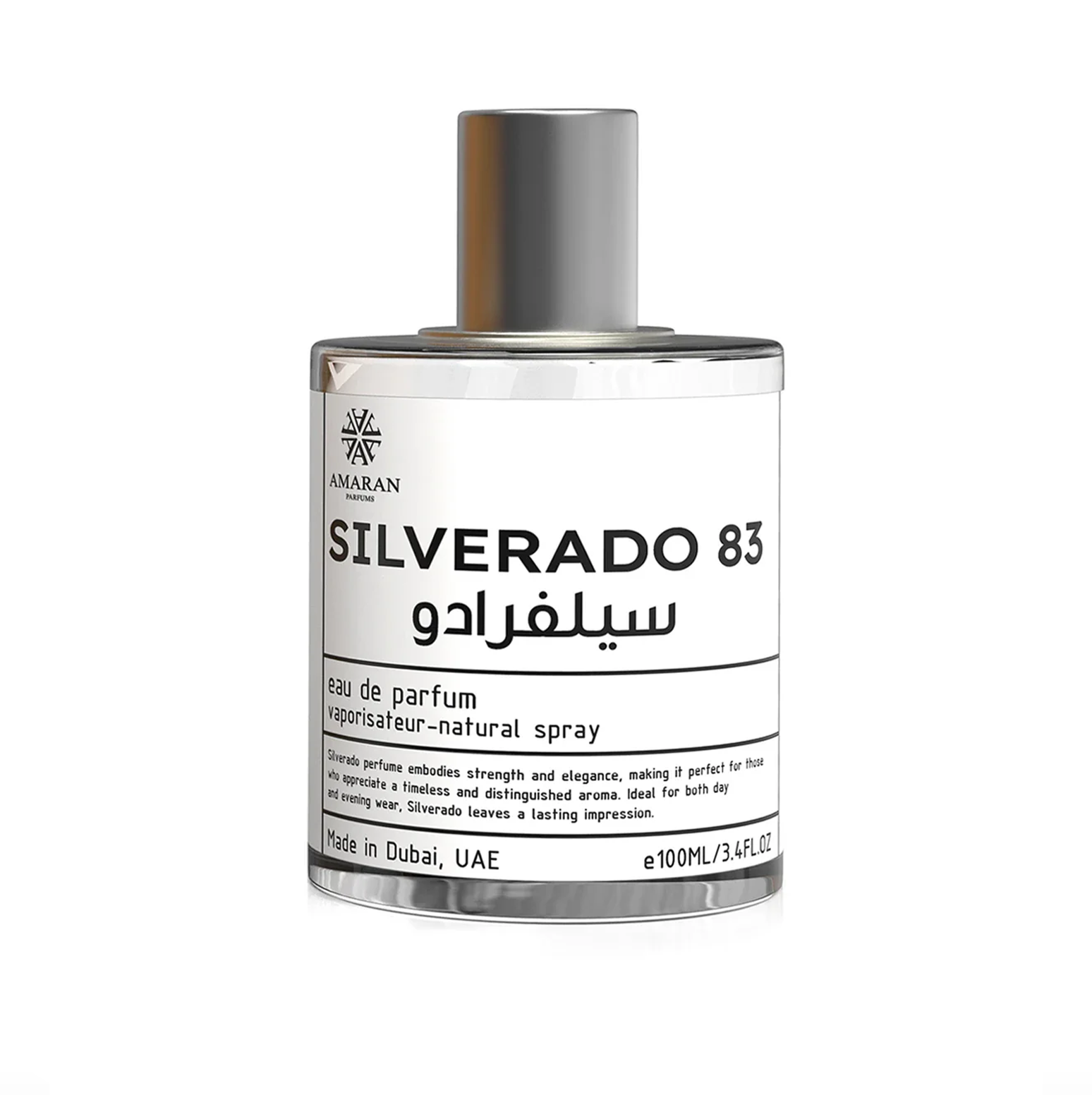 A clean studio photograph of the Silverado 83 100ml bottle, highlighting the minimalist label design and metallic cap.