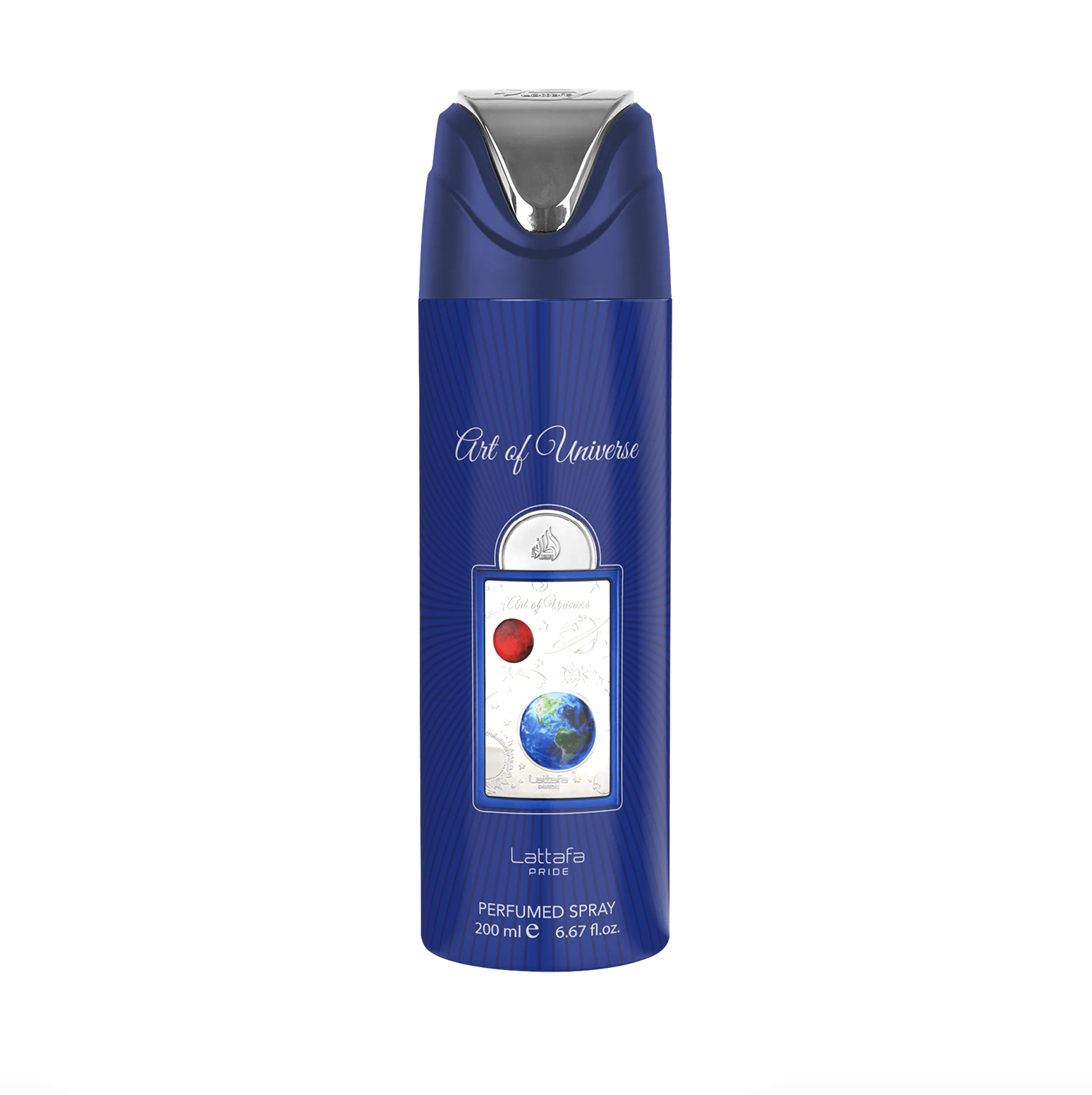 A product photograph of the Lattafa Pride Art of Universe deodorant blue bottle (200ml), highlighting its sleek design and the premium, elegant branding of the Lattafa Pride collection against a clean, white background.