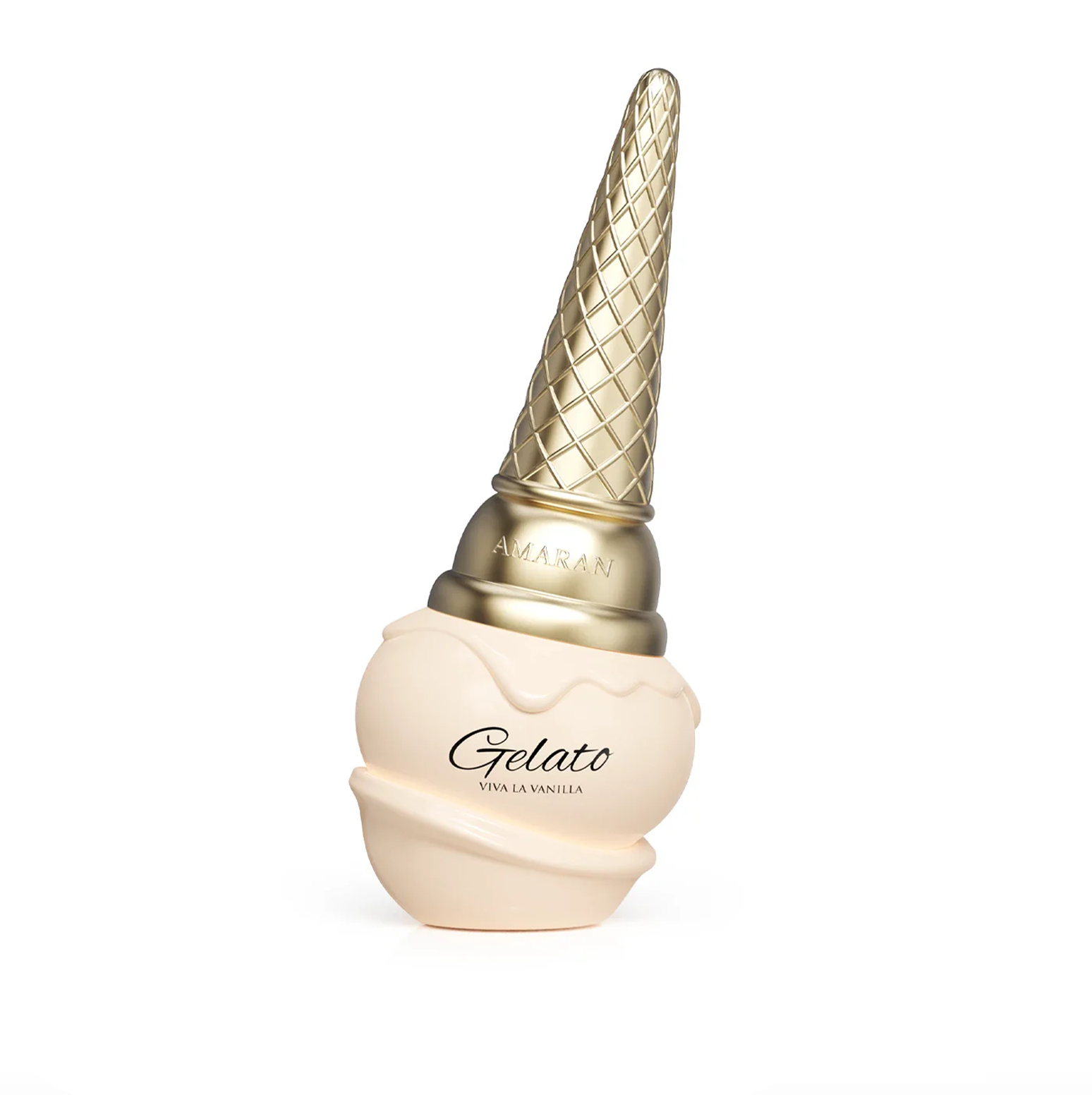 A studio shot of the 100ml perfume bottle, uniquely shaped like an ice cream cone with a golden cone topper and a cream-colored base.
