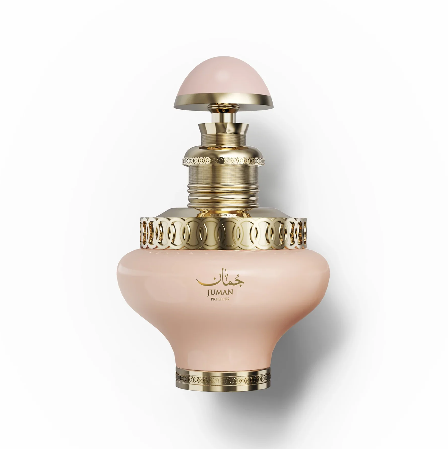 Juman Precious 100 ml sieviešu smaržu flakona tuvplāns ar zelta detaļām. Juman Precious 100 ml stikla pudelītes tīrs studijas kadrs, kurā izcelts tās maigais, maiga toņa korpuss un sarežģīti zelta krāsas metāla akcenti ap kakliņu un pamatni.