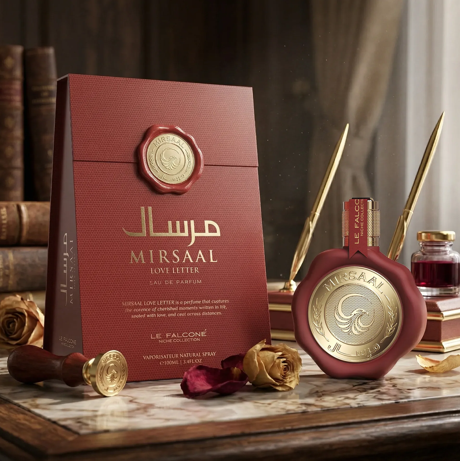 Grezna Mirsaal Love Letter Eau de Parfum produktu ekspozīcija, kurā uz klasiska rakstāmgalda novietots vaska zīmogs ar 100 ml flakonu un tam atbilstošu sarkanu dāvanu kastīti, dekoratīvām pildspalvām un kaltētām rozēm.