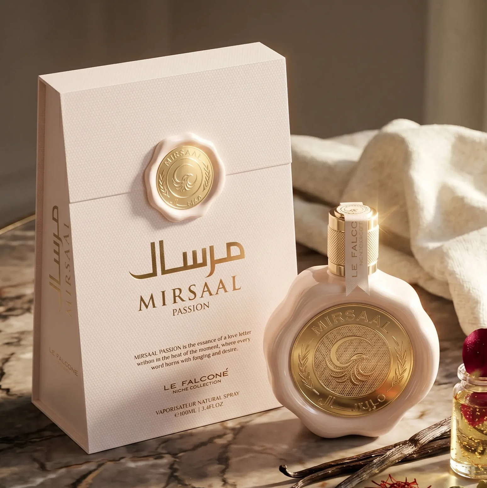 Augstākās kvalitātes Mirsaal Passion Eau de Parfum produktu ekspozīcija ar bāli rozā, vaska zīmogā aizzīmogotu 100 ml flakonu un tam pieskaņotu elegantu dāvanu kastīti, kas veidota ar vaniļas pupiņām un aromātiskiem akcentiem uz marmora virsmas.
