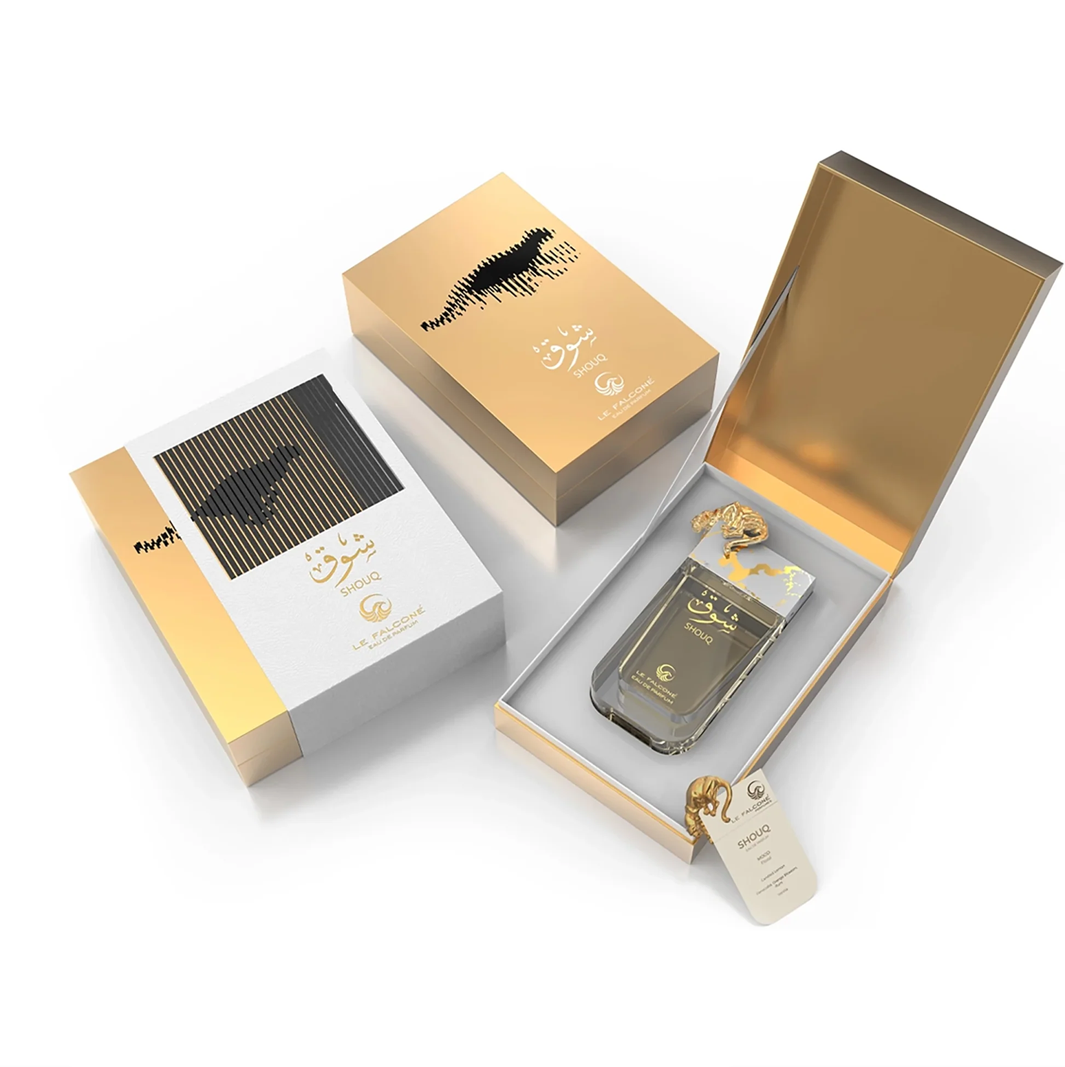 Le Falconé Shouq Eau de Parfum augstākās kvalitātes ekspozīcija, kurā 90 ml flakons ir izvietots kopā ar elegantu baltu un zelta dāvanu kastīti, izceļot grezno dizainu un zelta pantera emblēmu.